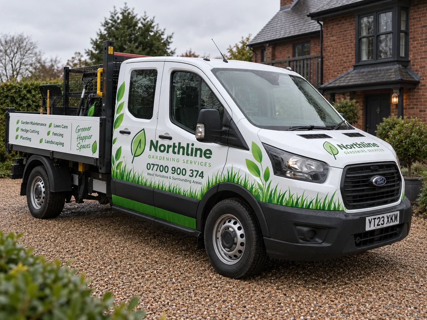 Northline Gardening Services signwritten tipper van on a gravel drive, with the horizontal logo, phone number, area covered and a service list along the drop side